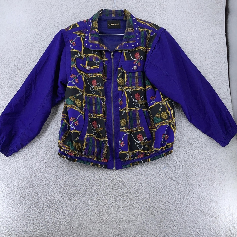 Vintage Mureli Baroque Windbreaker Jacket L Purple Black Chain Zip‎ Bomber 90s
